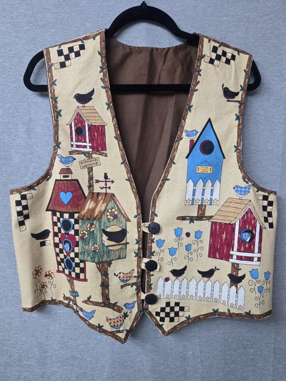 Vintage 90s Debbie Mumm Birdhouse Bungalow Novelty Vest L Kitsch Handmade